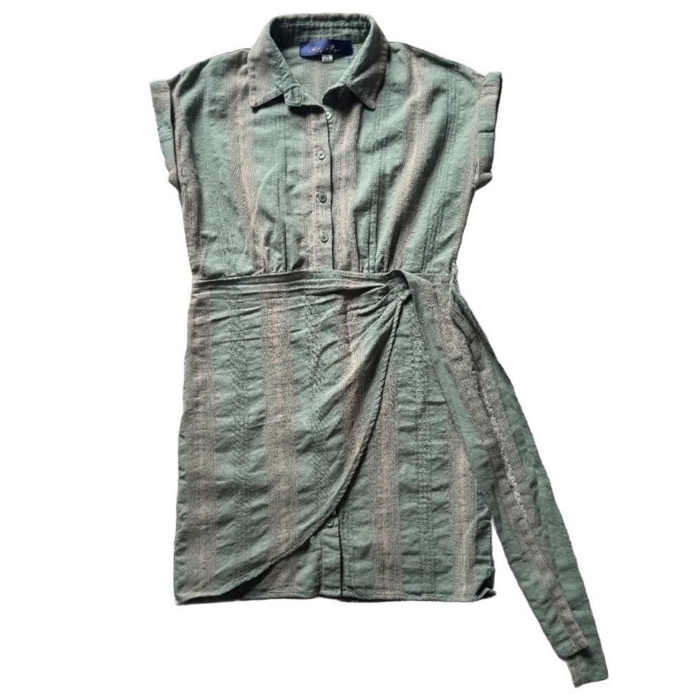 Sage Green Striped Wrap Tie Waist Button Front Dress XS Cottagecore Travel Linen - Picture 4 of 10